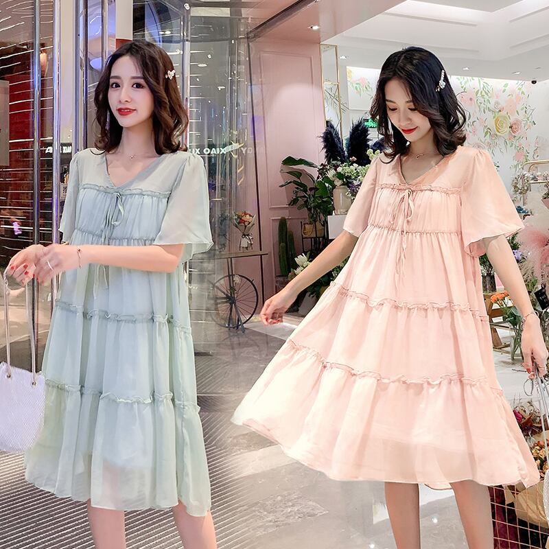 【新作】【送料無料】 ショートフレアスリーブVネック妊婦シフォンドレスサマーソリッドカラーシフォンパッチワーク膝丈ドレス裏地付きスウィート 大人ガーリー キュート カジュアル 夏物 AL expec381410591996