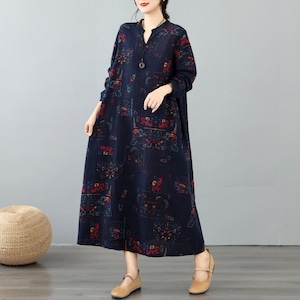 FLORAL PRINT LONG SLEEVE RELAXED MIDI DRESS M-18150