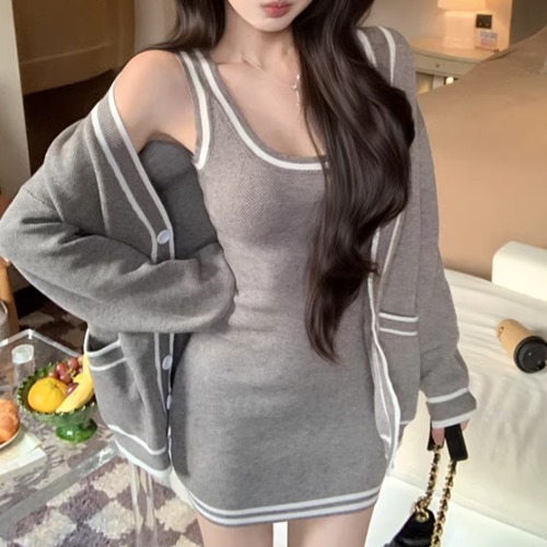 【2点セット】ラインデザインカーデ＋ラインワンピ ・13936