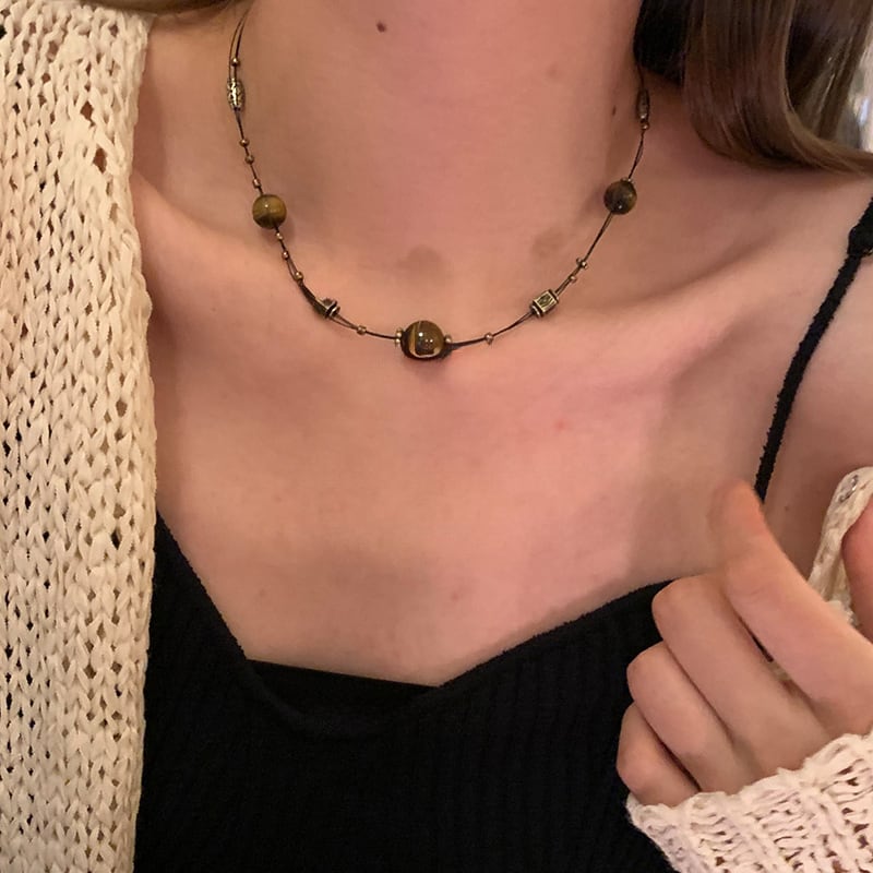 Somedayifレトロ虎目石ビーズネックレス