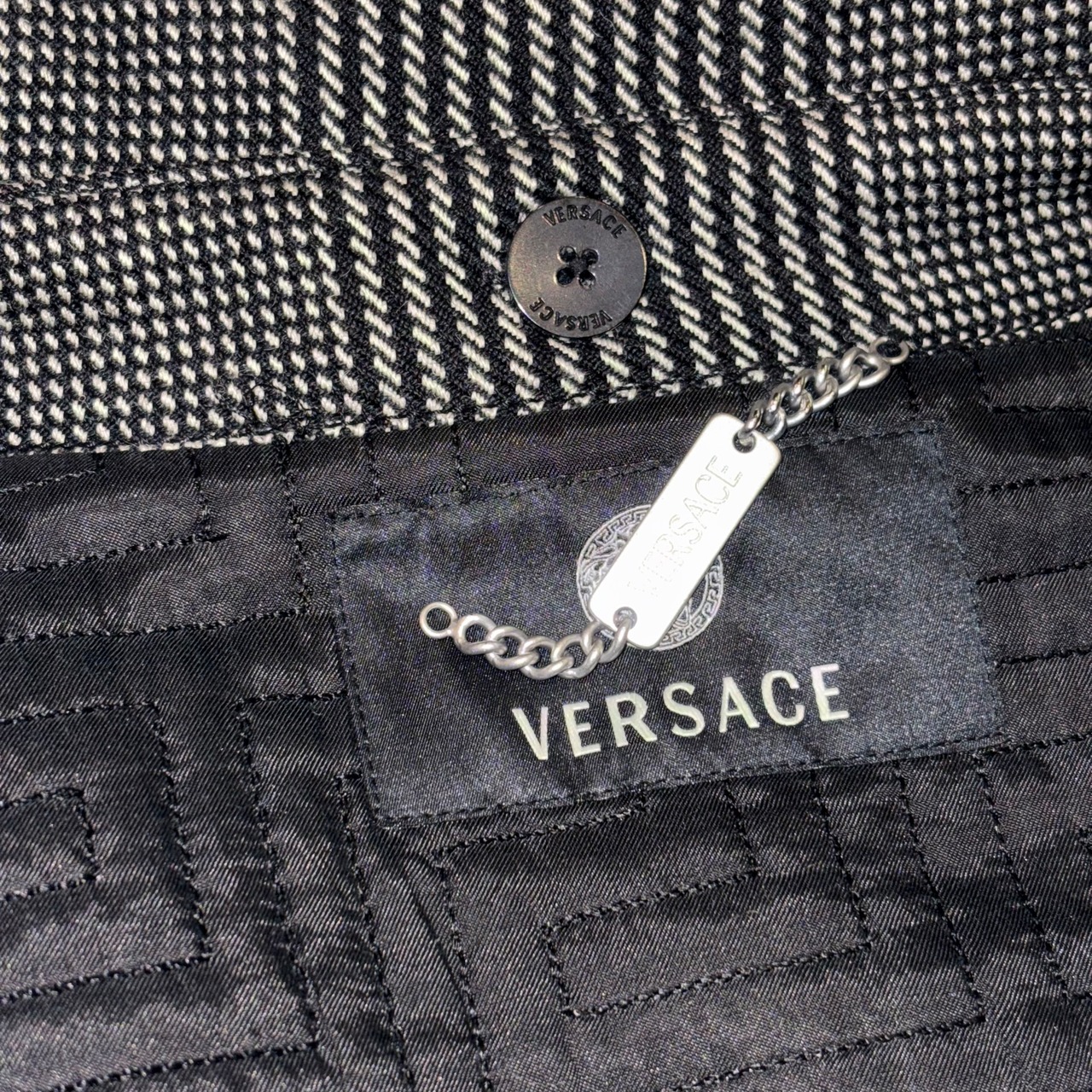 VERSACE tweed × leather coat
