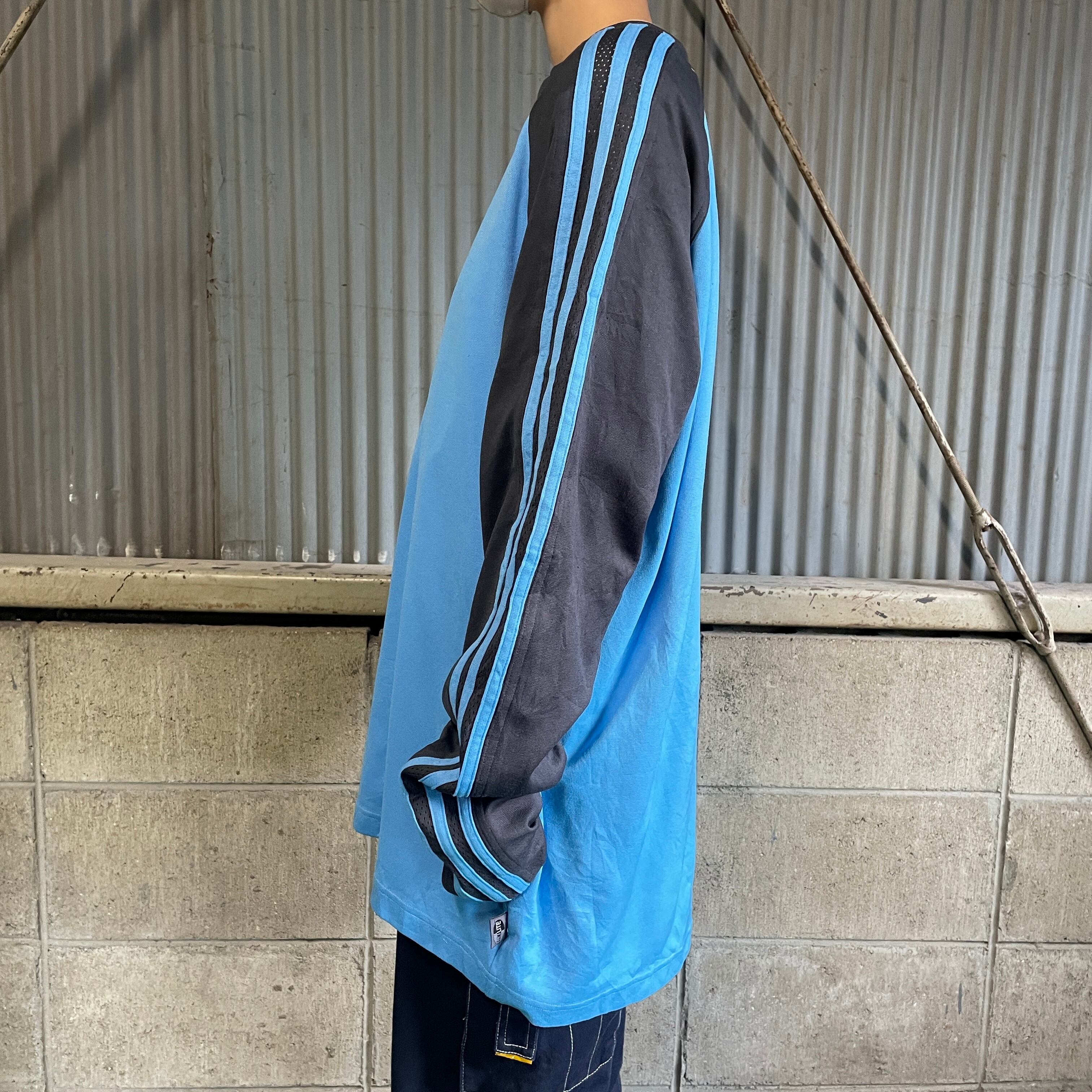 00年代 adidas アディダス ワンポイントロゴ 3ライン ジャージ トップス ロングTシャツ メンズXL相当 古着 00s ヴィンテージ  ビンテージ 長袖 ロンT パフォーマンスロゴ 水色 ライトブルー×グレー【ロングTシャツ】 | cave 古着屋【公式】古着通販サイト