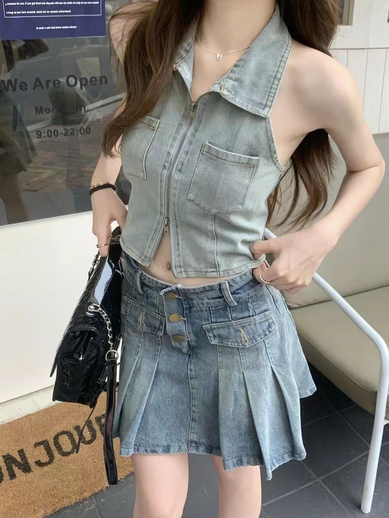 【新作】【送料無料】 純粋な欲望スタイルの甘い湯たんぽユニークでユニークなデザインのニッチデニムベストショートベスト背中の開いたセクシーな女性のトップ 0367444486063