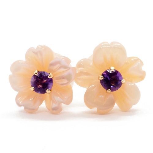 K10 YG ピンクシェル＆アメジスト　2wayフラワー ピアス（癒やしの石）プレゼントにもどうぞ 小箱、La Terre表参道のショップバッグ付き