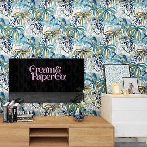 【切り売り】ラグーンブルー × ゴールド Rainforest leaf botanical FL1-778902MT for DIY 幅53㎝ リピート64㎝