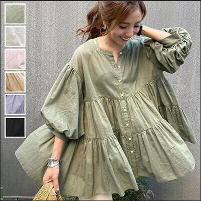 ティアードトップス 長袖Tシャツ パフスリーブ 可愛いチュニック