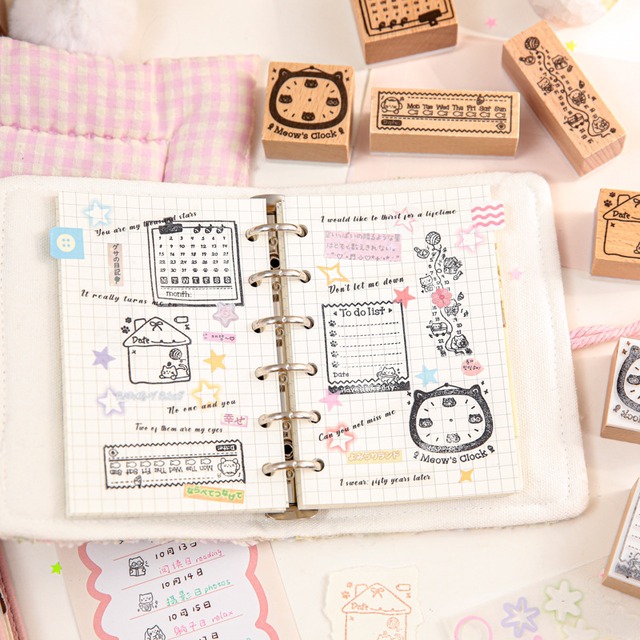 【スタンプ】海外文具 猫モチーフ 木製スタンプ 手帳デコ 日付管理｜Heartbeat Cat Wooden Stamp