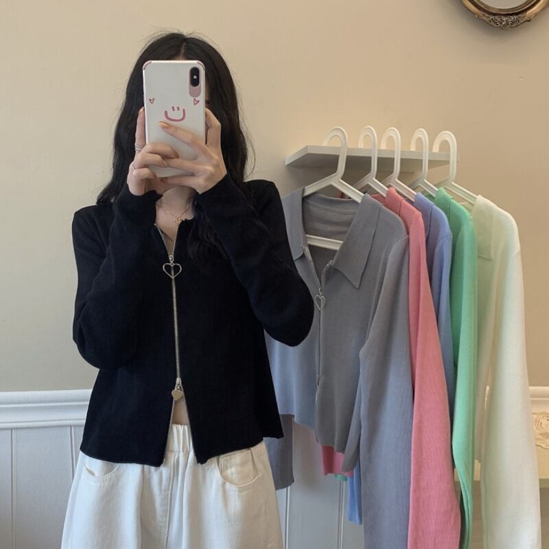 サマーカラー長袖スリーブショートニットセーター レディース薄手カーディガンブラウス ブラックトップス ロング 夏物 試着室73394840401