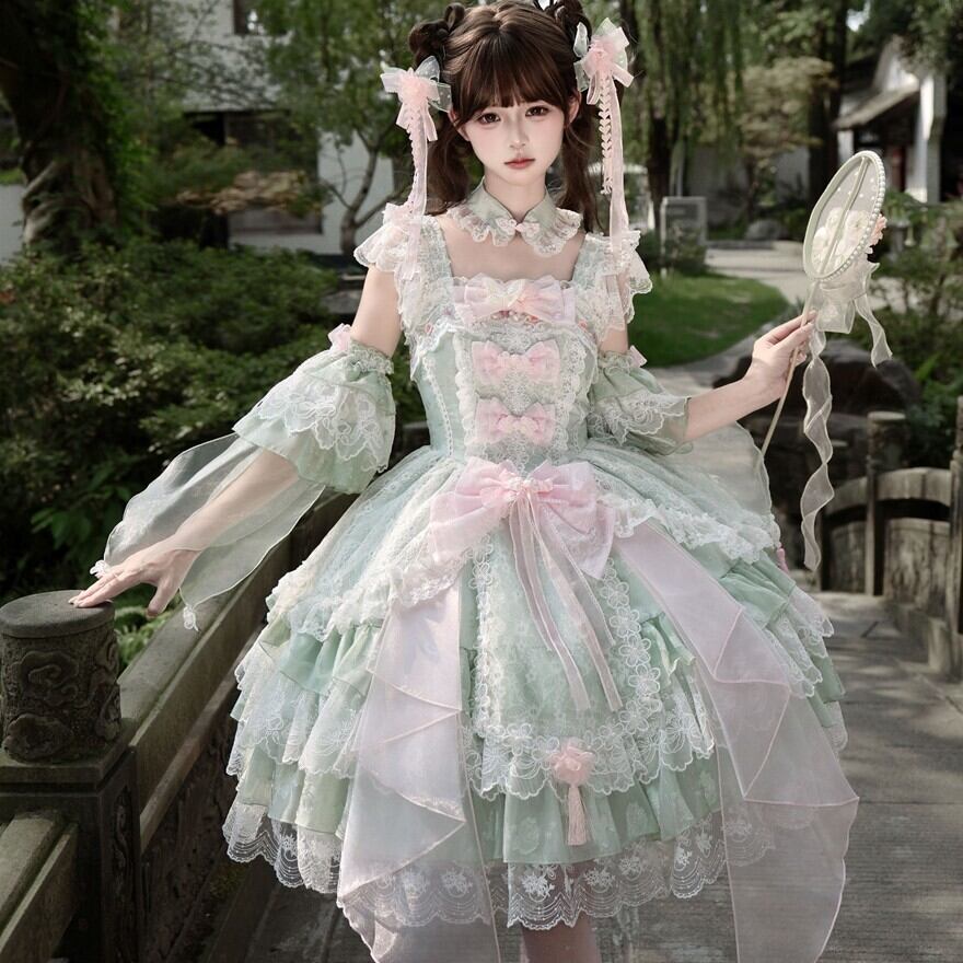 ロリータファッション 甘ロリ 若草色・ピンク・紫 レースリボン付け袖