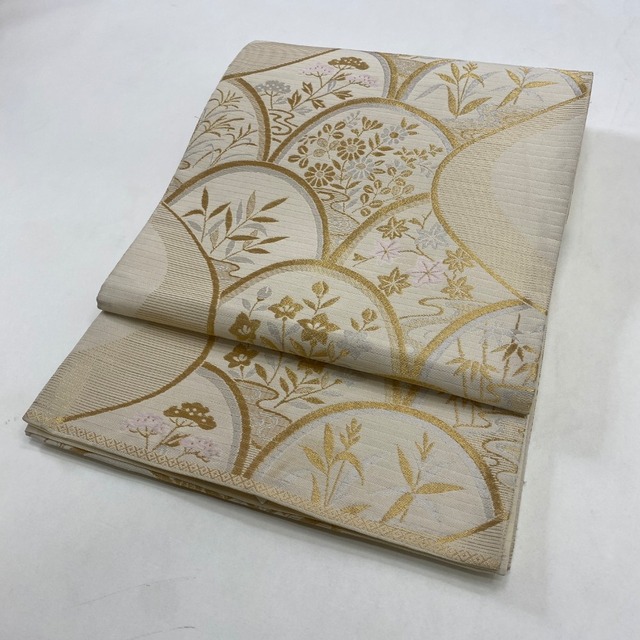 中古 夏用帯(袋) 正絹 草花 六通柄 ゴールド Dランク 424cm 5911