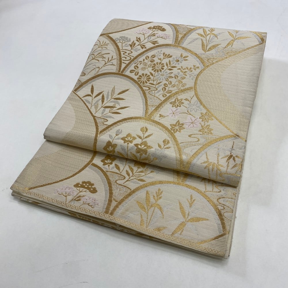 中古 夏用帯(袋) 正絹 草花 六通柄 ゴールド Dランク 424cm 5911