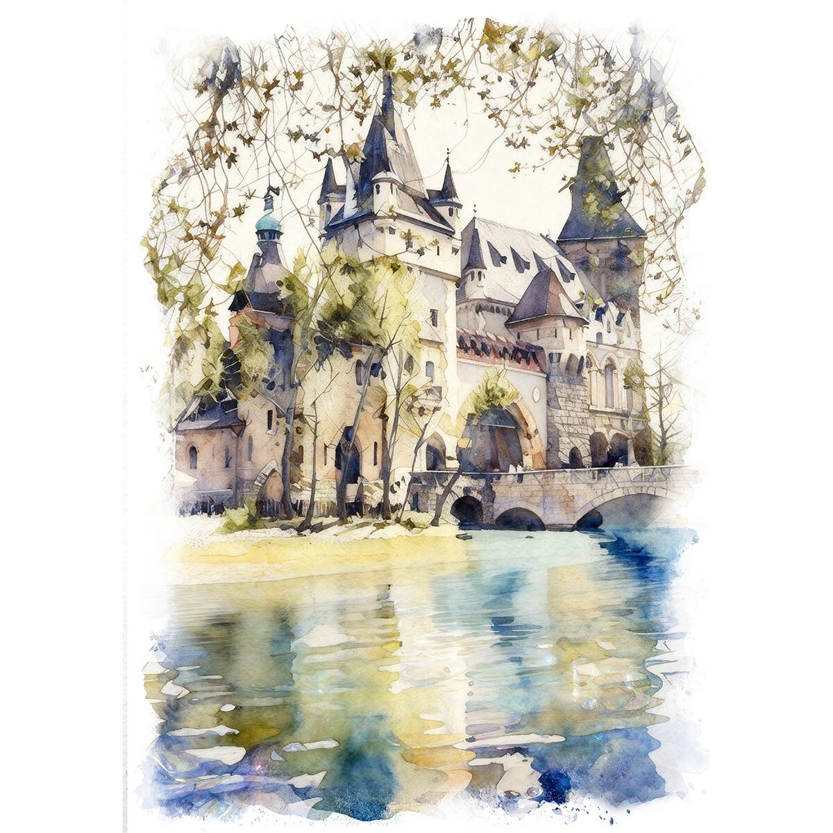 絵画 風景画(街並み) ハンガリーブタペスト ヴァイダフニャディ城 インテリアアート額付き 水彩画・油絵風 WAT1059