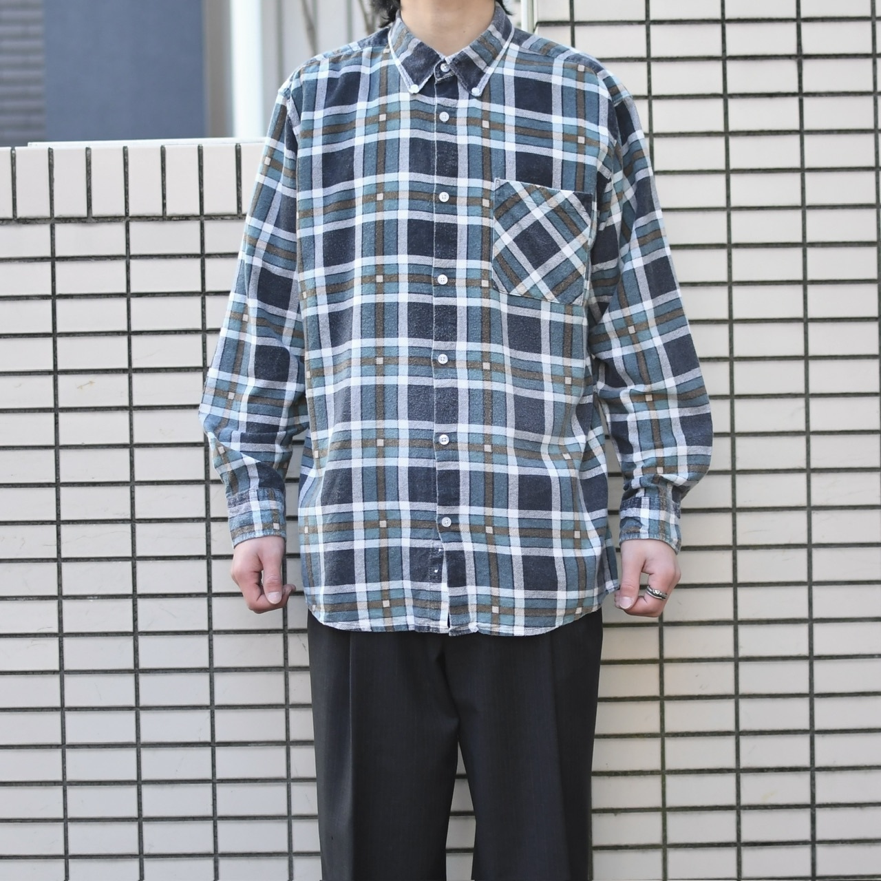 cotton light flannel check shirt blue