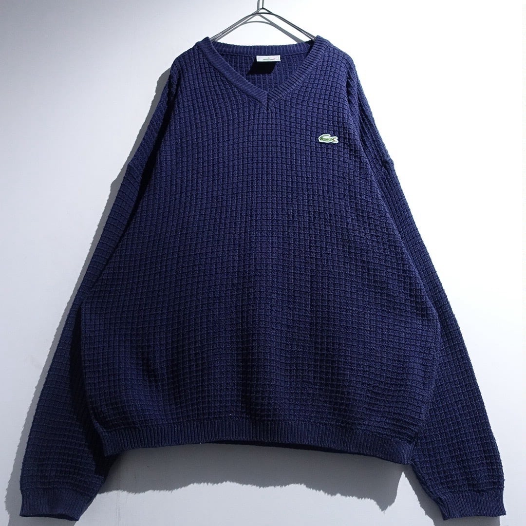 "LACOSTE" Navy Logo Design V-Neck Cotton Knit