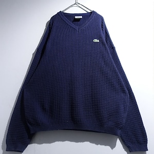 "LACOSTE" Navy Logo Design V-Neck Cotton Knit