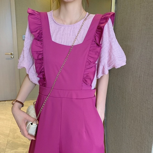 送料無料 2色 バルーン袖ブラウス フリルサロペット セットアップ 2点セット 2set セットアイテム トップス レディース ブラウス プルオーバー 半袖 バルーンスリーブ 盛り袖 ボリューム袖 サロペット パンツ ジャンプスーツ オーバーオール オールインワン ロング