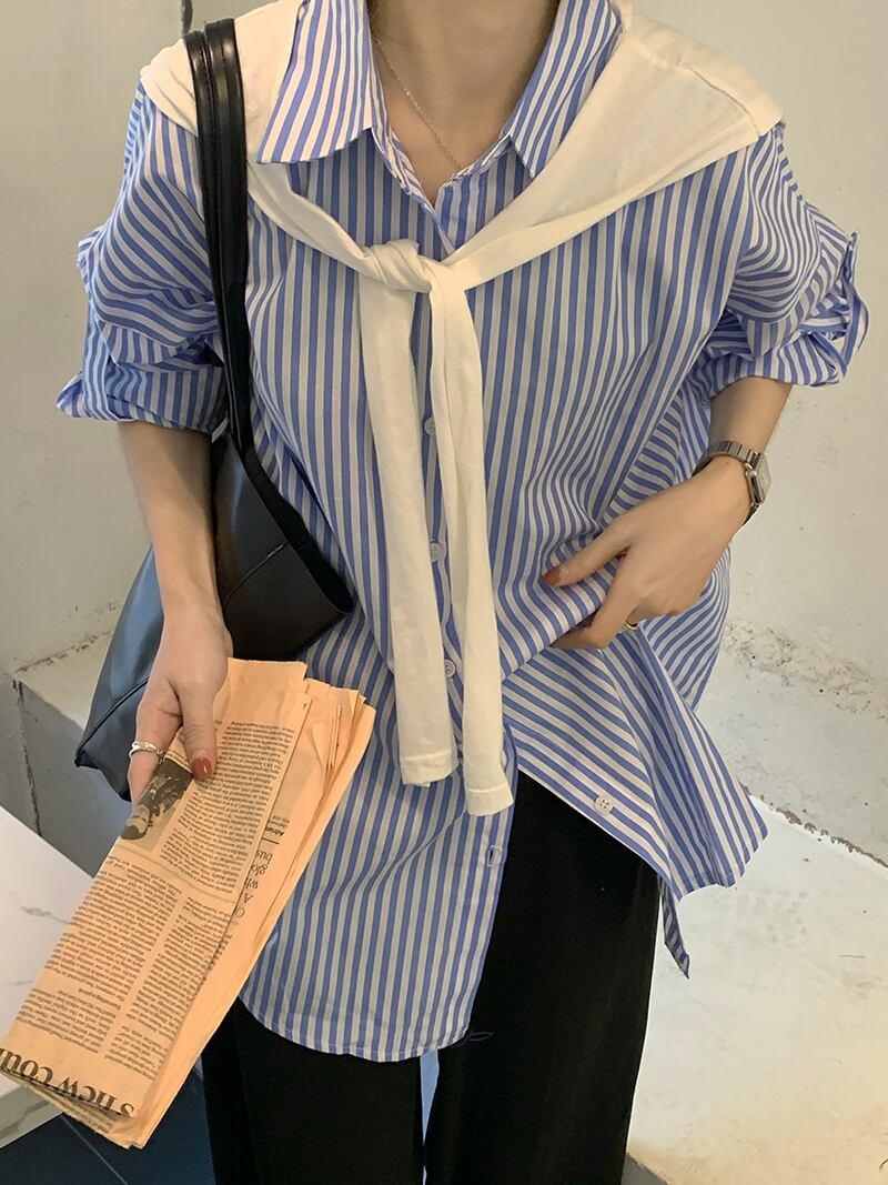 ストライプシャツ ルーズスプリングスタンダードスタイルブルートップス ロング レトロ 春物 ブラックストロベリース17736476990