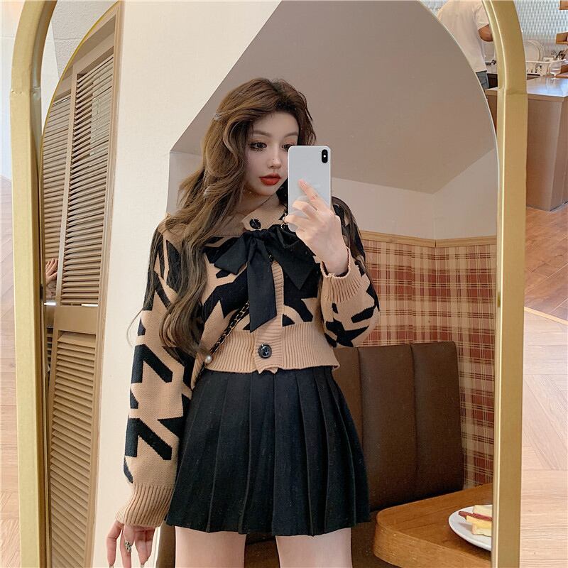 セーター ショートスリムニット トップス リボン ブラックストロベリース47953364731