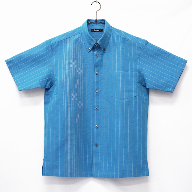 総手織り シチサジ  ブルー  ボタンダウン  半袖 シャツ [ITUYO]  メンズ かりゆしウェア【送料無料】　