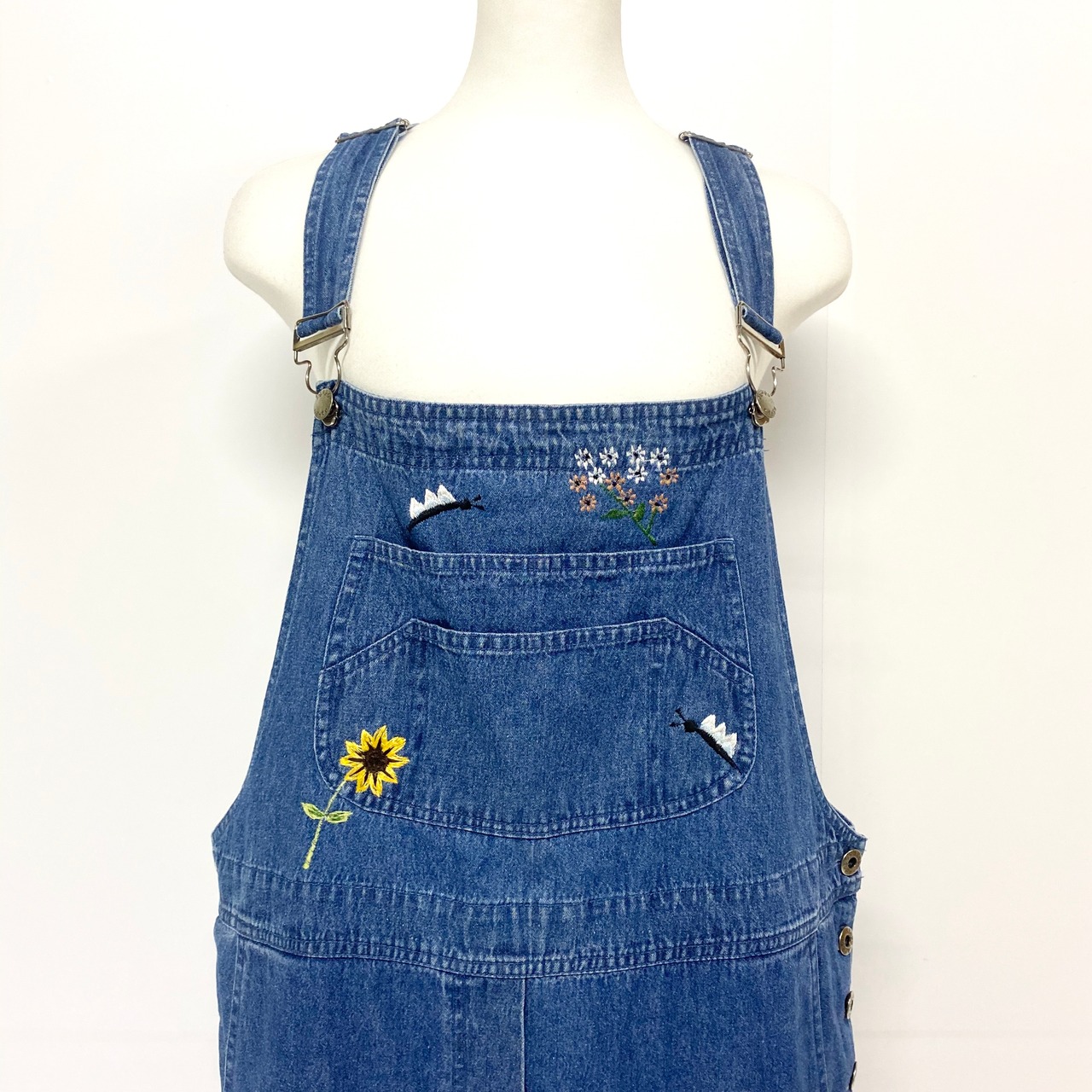 agapo 花柄 刺繍 デニム クロップド 七分丈 オーバーオール レディース 