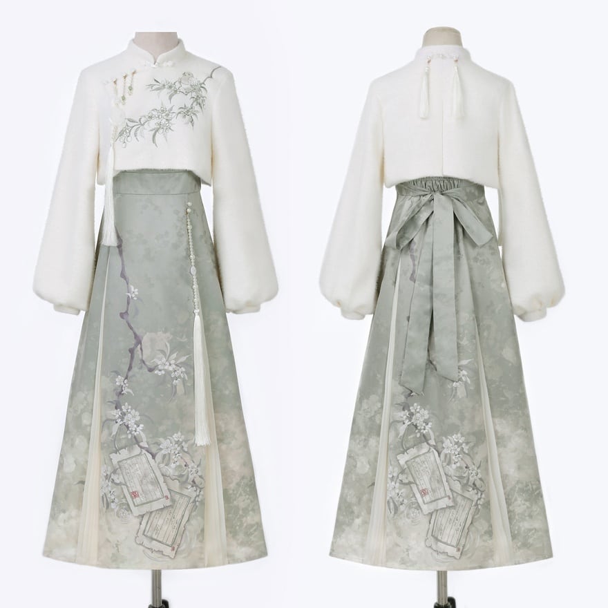 翠霞の花鳥便り 花刺繍トップスと淡緑ジャンスカの中華ロリータ2点セット