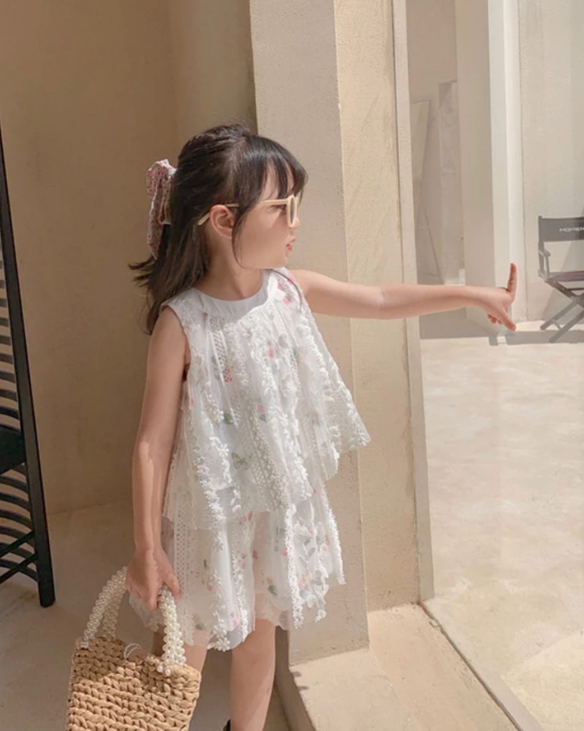 花柄シースルーセットアップ…….女の子 夏 フラワー シースルー レース 海外子供服 プチプラ ホワイト