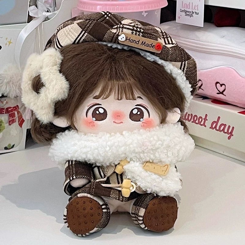 20cmぬい服】冬のふわふわ茶チェックコーデ 着せ替えぬいぐるみ 棉花