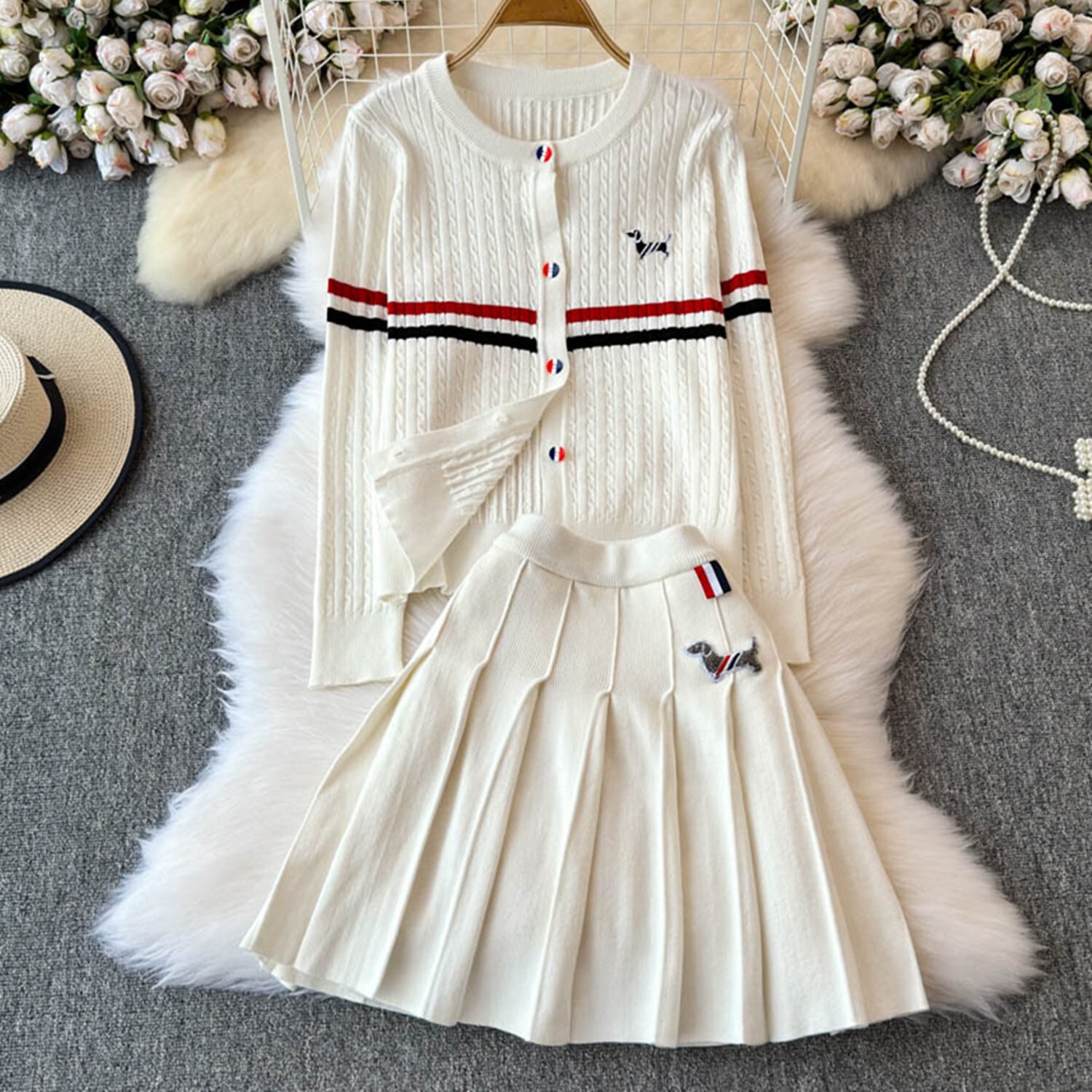 ホワイトプリーツカーディガンセット ホワイトプリーツカーディガンセット