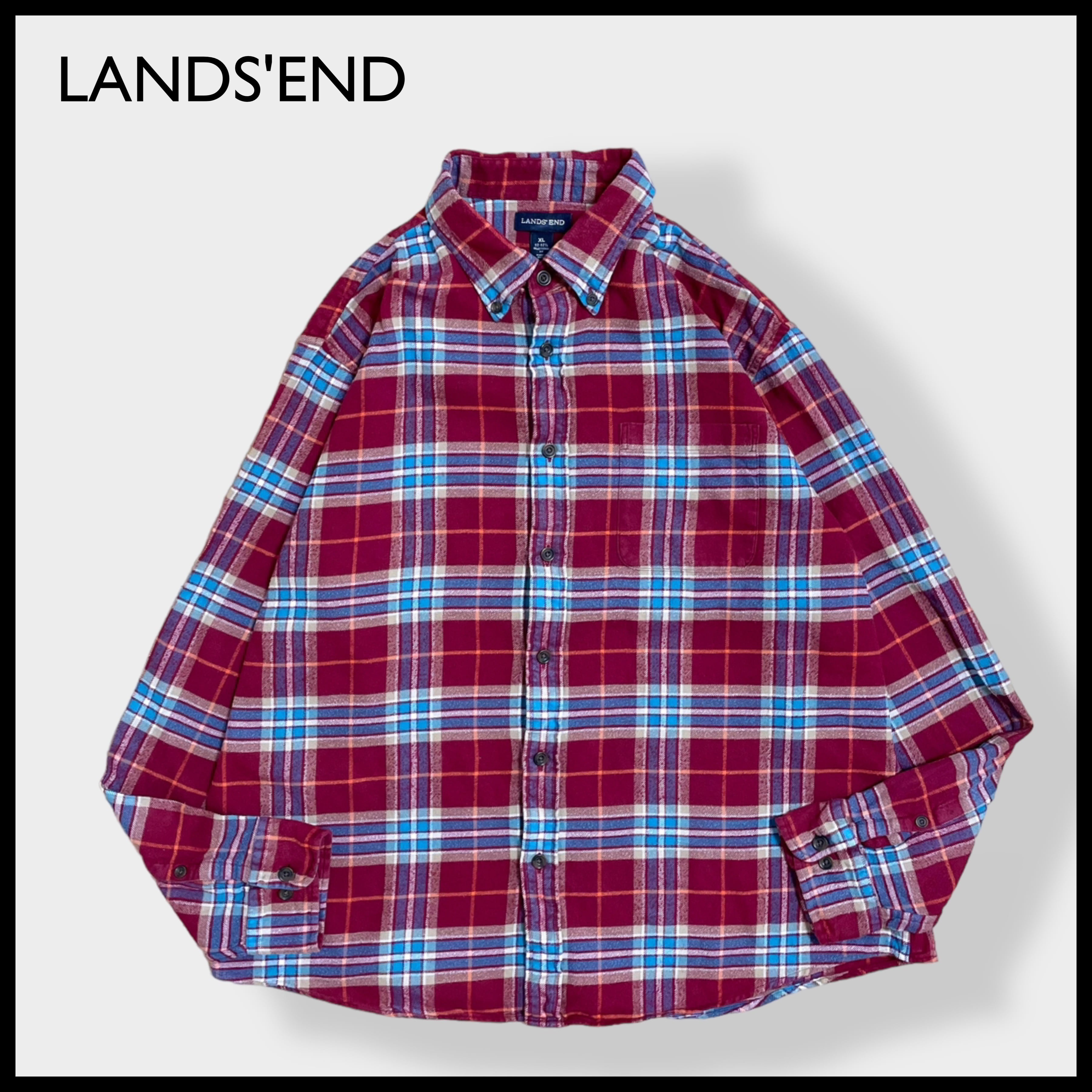 LANDS END 長袖 ボタンダウン チェック柄 フランネルシャツ メンズXL /eaa368448