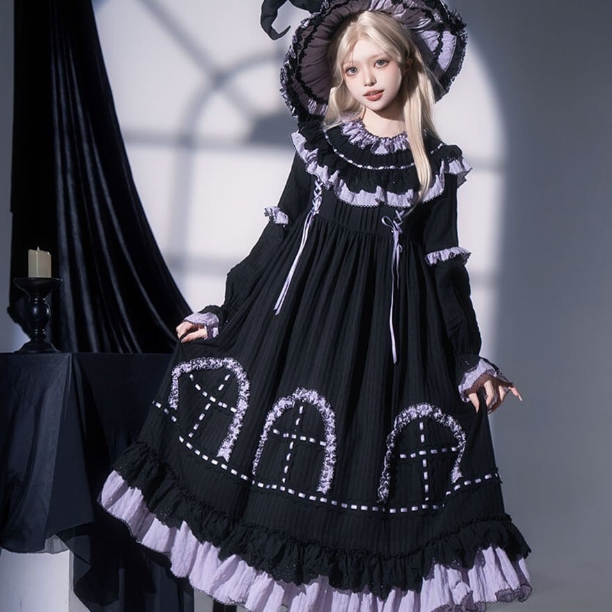 ゴスロリ ゴシック ブラック レース襟ワンピース風セットアップ ゴスロリ ワンピース レース×姫系クラシック ブラック×ラベンダー
