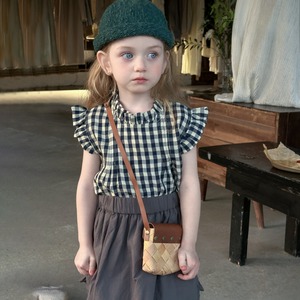 夏チェック柄肩フリルベスト＆ボトムスセット