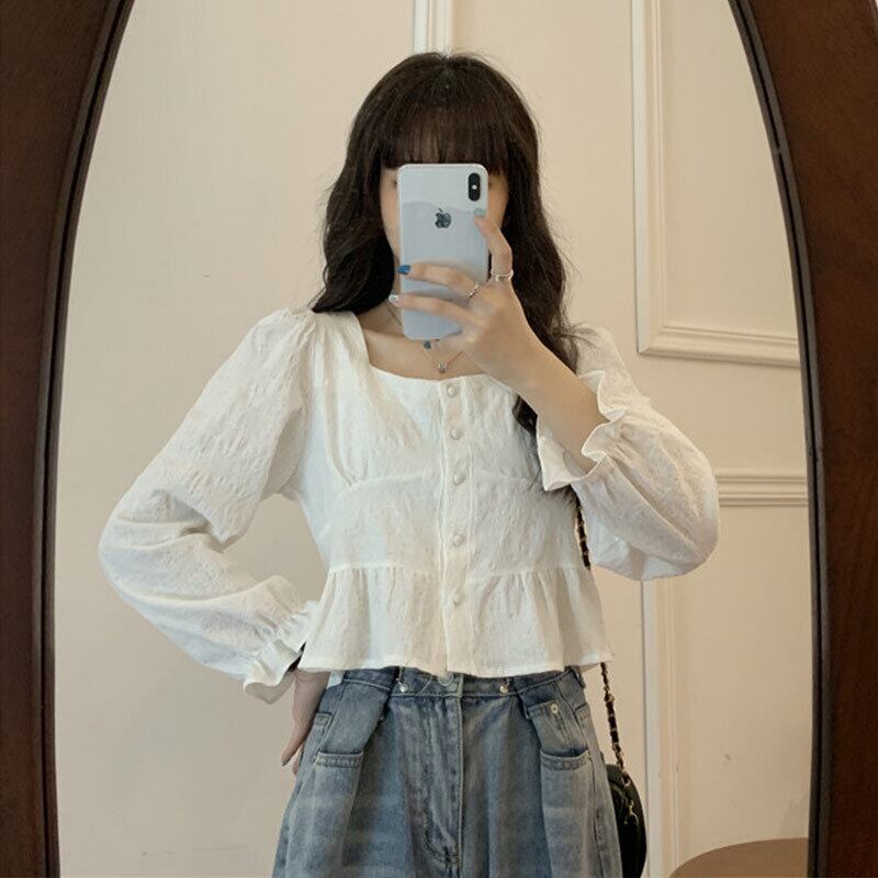 ホワイトシャツ スプリングカラーブラウス スリーブ 大人ガーリー スウィート キュート カジュアル 春物 スクウェア 萌量不足79977170516