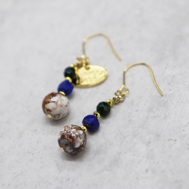 【Starry Sky Fragment】ラピスラズリ×ワイルドホース×グリーンゴールドストーン ピアス