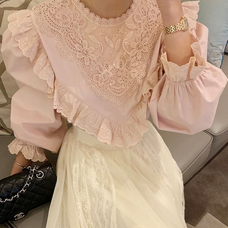 French Vintage Lace Crochet Flared Sleeve Blouse*S-408