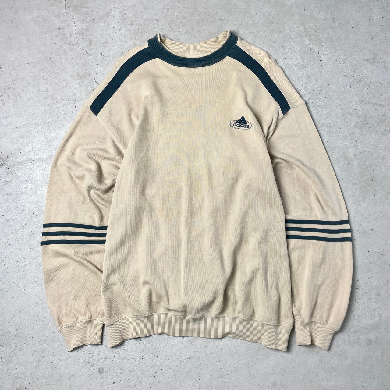 90〜00年代 adidas アディダス パフォーマンスロゴ ラインデザイン スウェットシャツ メンズXL相当 古着 90s 00s ビンテージ  ヴィンテージ Y2K トレーナー ベージュ ダークグリーン 【スウェット】 | cave 古着屋【公式】古着通販サイト