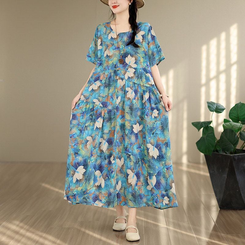 LOOSE SHORT SLEEVE ASYM HIGH WAIST MAXI DRESS M-17985