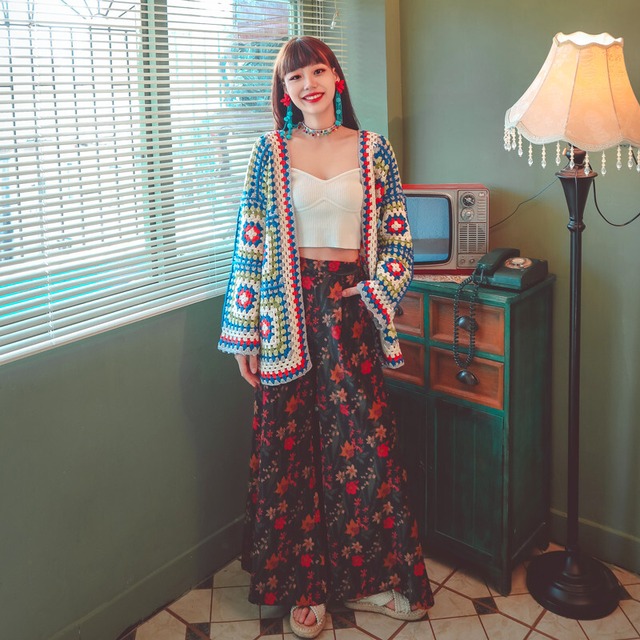 エンメイジア春新商品オリジナルデザインエスニックスタイルウェアビッグフレアパンツレトロプリントワイドレッグパンツレディース 延命家ファッション77513309615