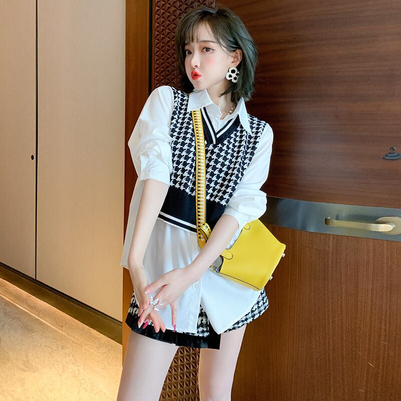 ニットシャツ ベルベットツィードスカート オータム 秋物 ステッチ MIUCO95972389488