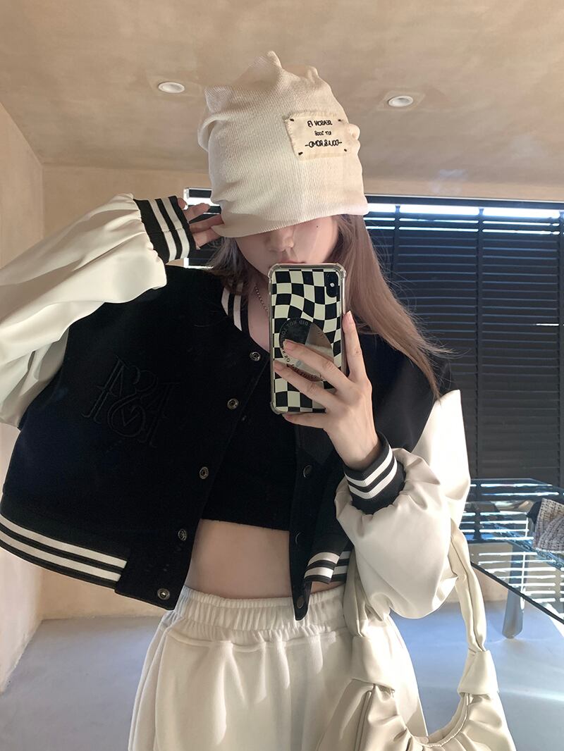 ショートルーズジャケット カジュアルオータムVネックトップス 秋物 モンロー190852735