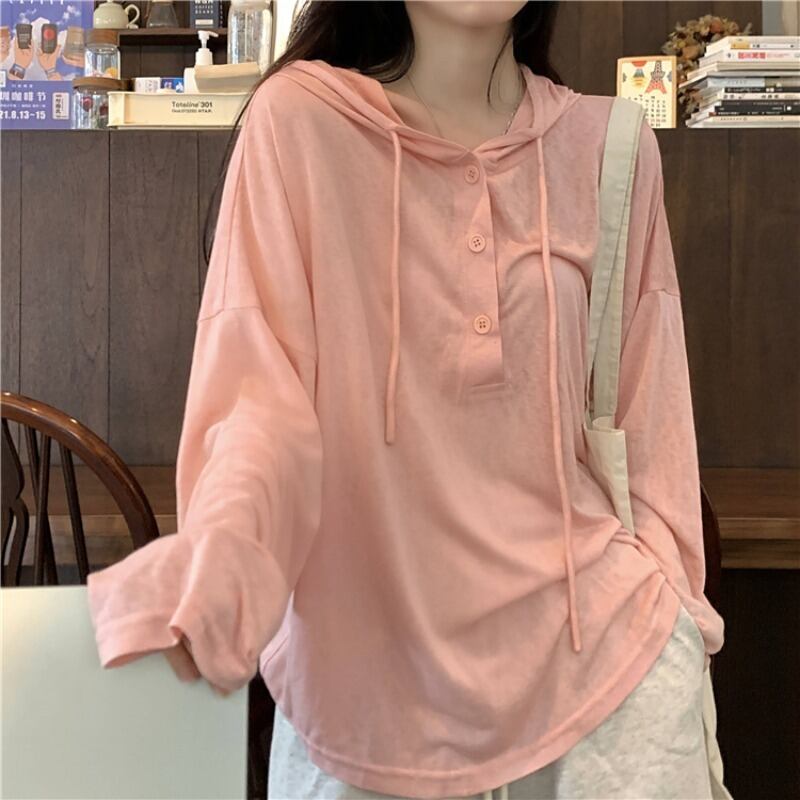 ルーズボタンフードTシャツ シャツ オータム薄手トップス ロング コットン 秋物 ピュア 萌量不足26060501031