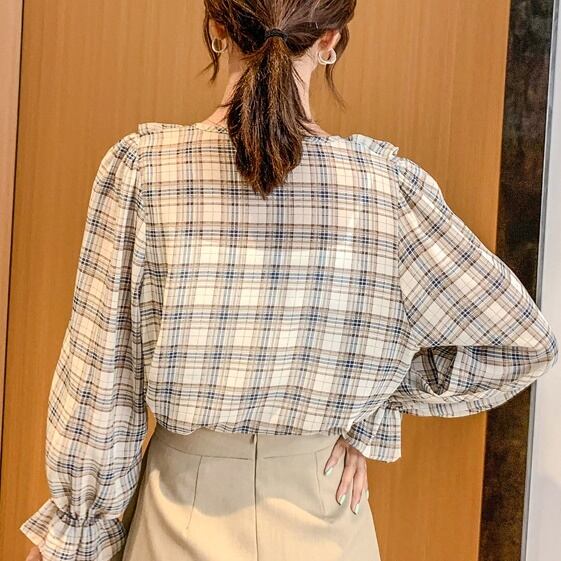 ブラウス チェック柄 フリル ロングスリーブ シフォン レディース