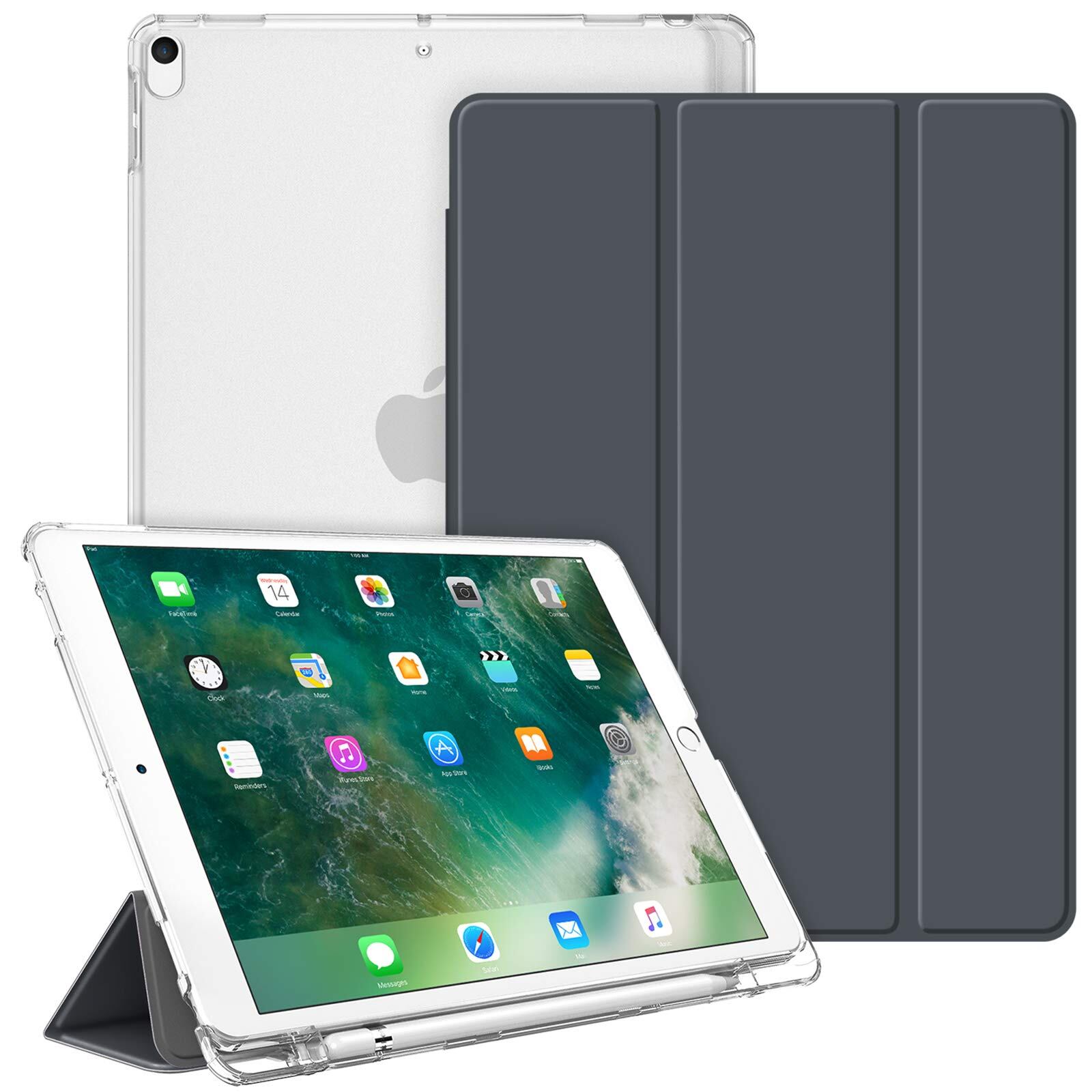 【数量限り】Fintie iPad Air 2019 ケース iPad Air3 / Pro 2017 10.5インチ バックカバー Apple Pencil 収納可能 三つ折スタンド スリープ機能 軽量 薄型 半透明 傷つけ防止 PUレザー(モデル番号A2152、A2123、A2153、A1701、A1709)(スペースグレー)