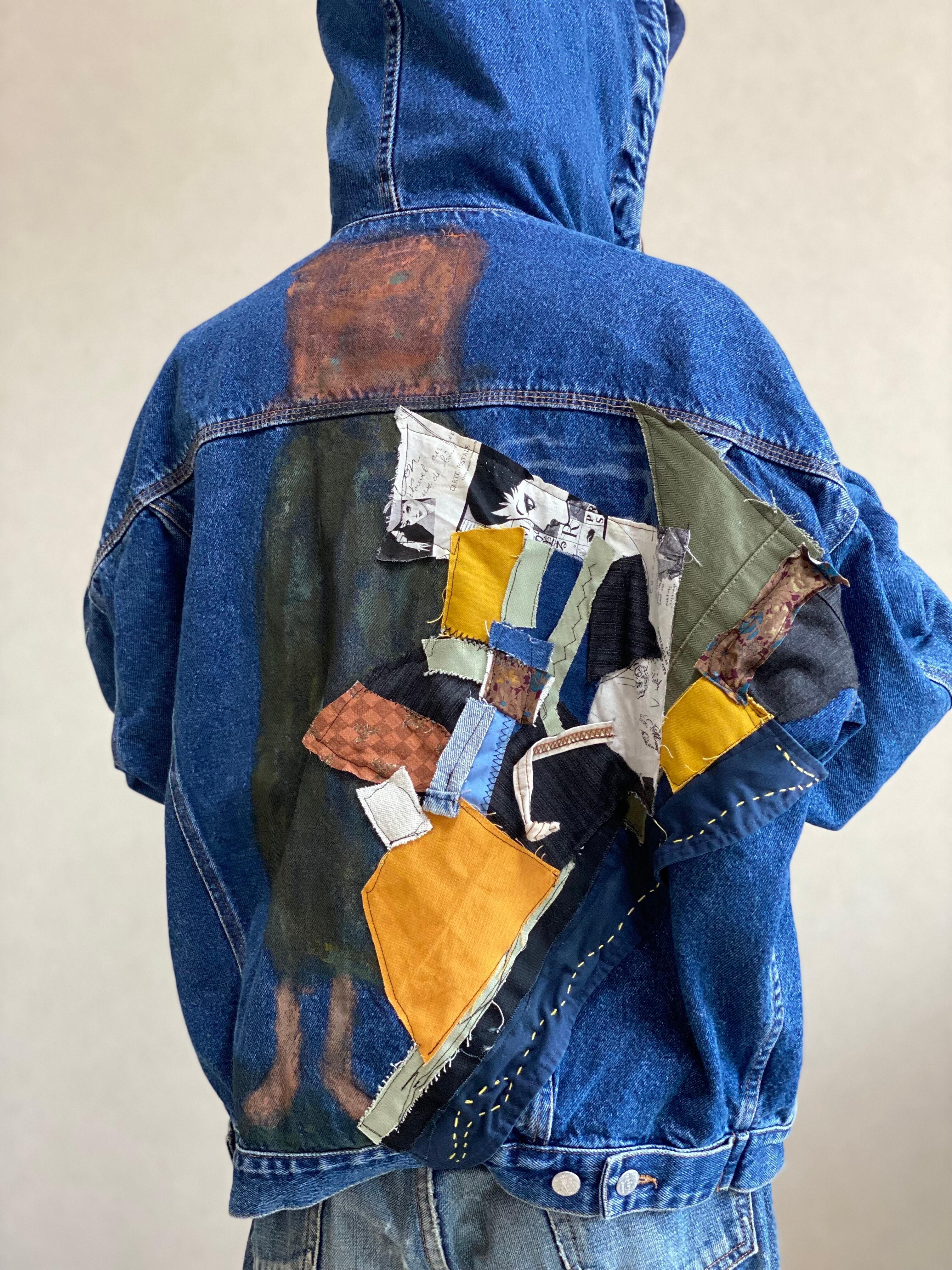 90年代ボディ 90s 古着 リメイク ペイント 手描き 総柄 パッチワーク 刺し子 手縫い ヴィンテージ ジャケット アウター デニム フード付き メンズ ユニセックス Xl ブルー 青 ビッグシルエット 大きめサイズ デニムジャケット ハイカラ倉庫