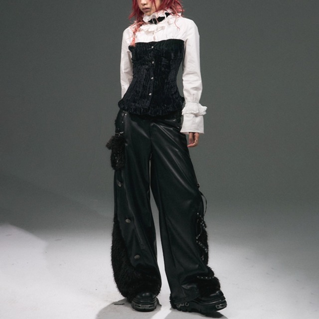 ファーカーブシルエットワイドレザーパンツ（ruf_02844）