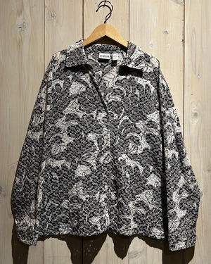 【a.k.a.C.a.k.a vintage】"CHICO'S" Monotone Botanical Pattern Open Collar Shirt