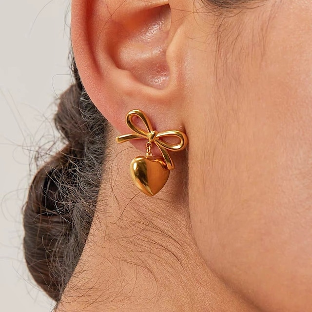 Ribbon & Heart Drop Pierce / 金属アレルギー対応