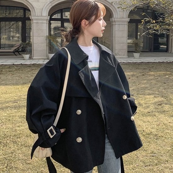 大人気❤️おしゃれボタン付きゆったりオーバーサイズコート冬用袖可愛い トレンチコート ショート丈 ハイウエスト ウエストベルト