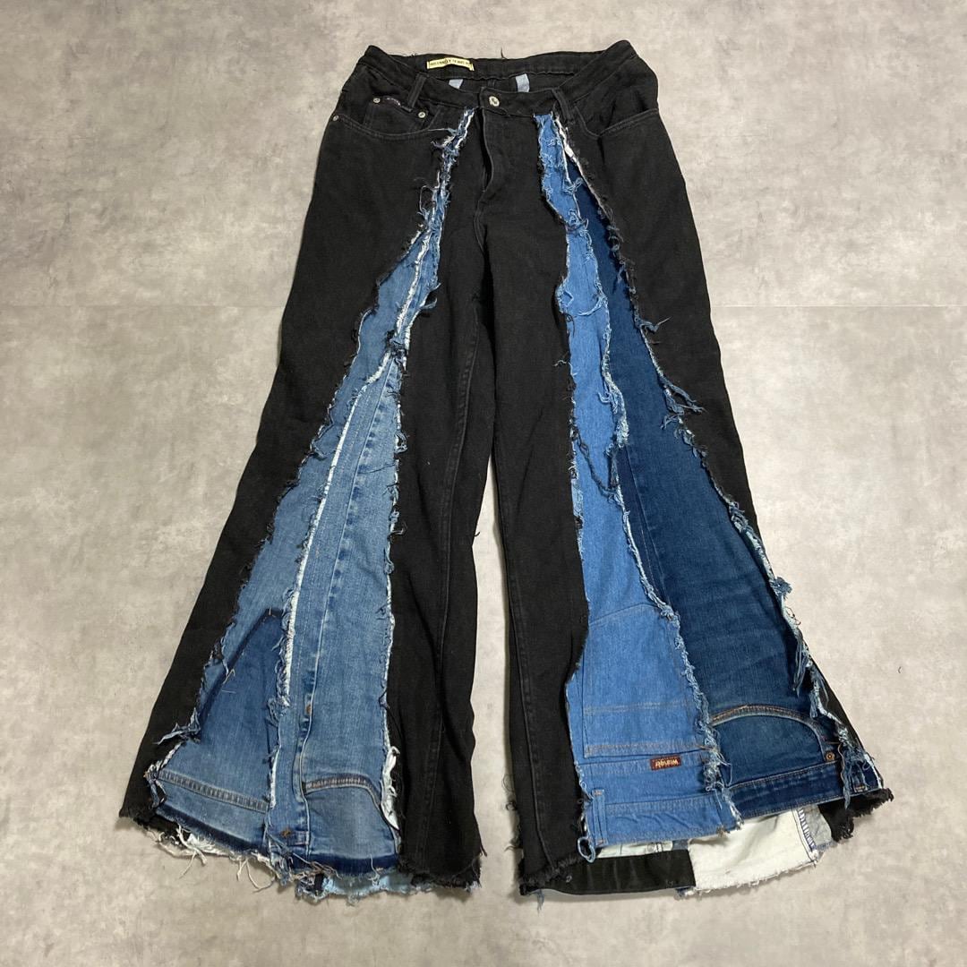 リメイクジーンズ リメイクデニム ブルーデニム ワイド フレア 再構築 M 黒 青 14324 | fuufu