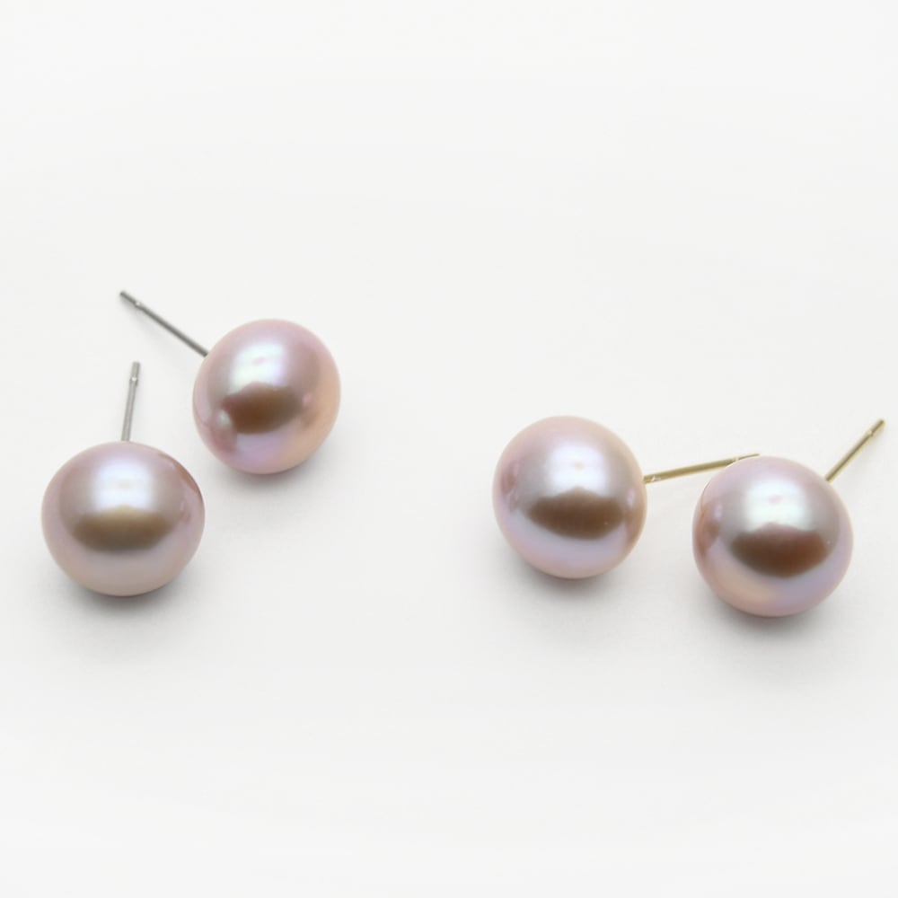 11.0〜12.0mm ラベンダーピンク 淡水パール ピアス イヤリング / ボタンパール サージカルステンレス K14GF対応 / ps-042