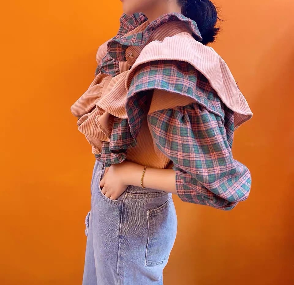 オレンジ ブラウス トップス チェック | LOVEYsmileSHOP